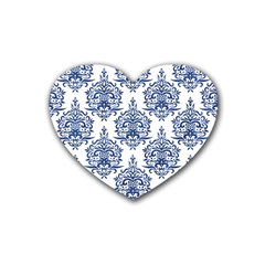 Blue And White Ornament Damask Vintage Rubber Heart Coaster (4 Pack) by ConteMonfrey