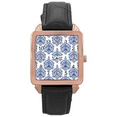 Blue And White Ornament Damask Vintage Rose Gold Leather Watch  by ConteMonfrey