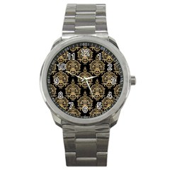 Black And Cream Ornament Damask Vintage Sport Metal Watch by ConteMonfrey