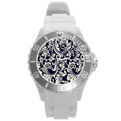 Blue Floral Tribal Round Plastic Sport Watch (l) by ConteMonfrey