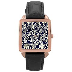 Blue Floral Tribal Rose Gold Leather Watch  by ConteMonfrey