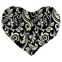 Blue Floral Tribal Large 19  Premium Flano Heart Shape Cushions by ConteMonfrey