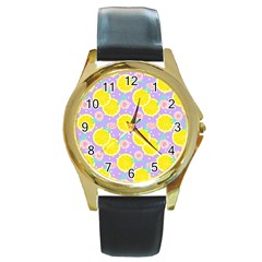 Purple Lemons  Round Gold Metal Watch by ConteMonfrey