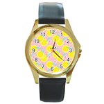 Pink lemons Round Gold Metal Watch Front