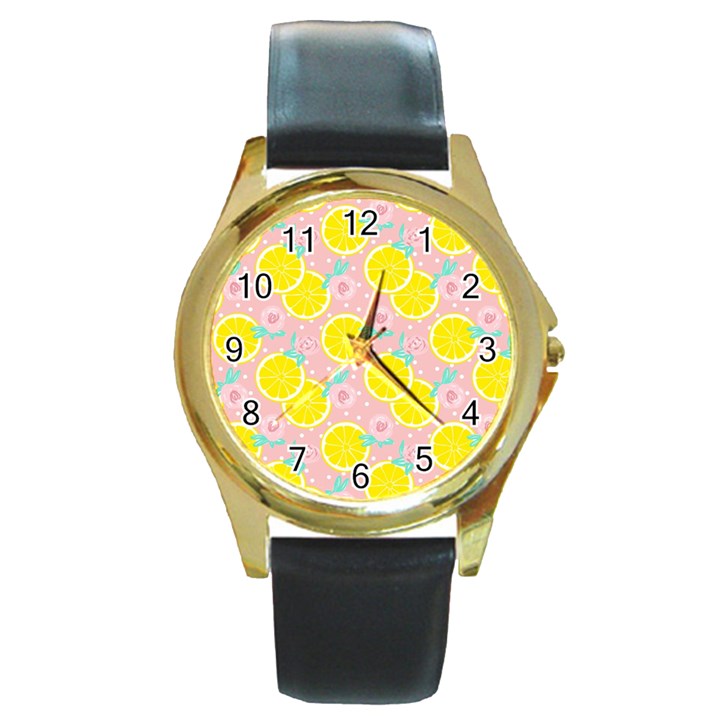 Pink lemons Round Gold Metal Watch