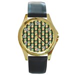 Pineapple Green Round Gold Metal Watch Front