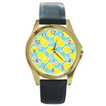 Blue neon lemons Round Gold Metal Watch Front