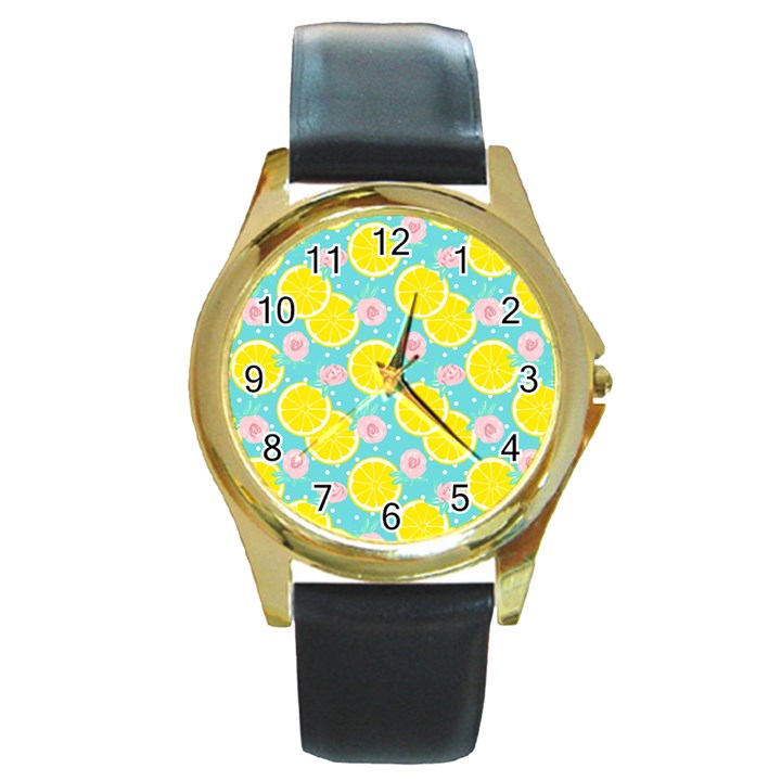 Blue neon lemons Round Gold Metal Watch