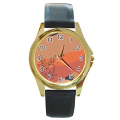 Orange Pattern Round Gold Metal Watch by designsbymallika