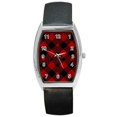 Red Diagonal Plaid Big Barrel Style Metal Watch by ConteMonfrey