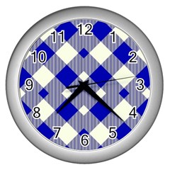 Blue Diagonal Plaids  Wall Clock (silver) by ConteMonfrey