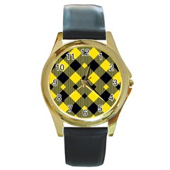 Yellow Diagonal Plaids Round Gold Metal Watch by ConteMonfrey