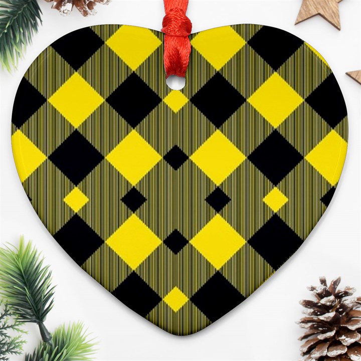 Yellow diagonal Plaids Heart Ornament (Two Sides)