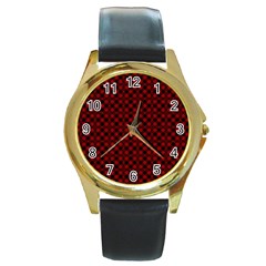 Diagonal Red Plaids Round Gold Metal Watch by ConteMonfrey