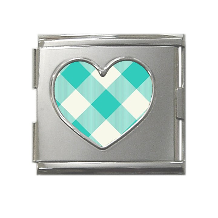 Blue turquoise diagonal plaids Mega Link Heart Italian Charm (18mm)