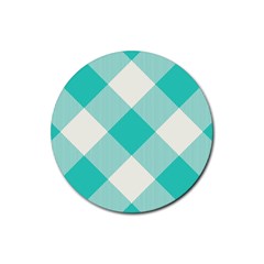 Blue Turquoise Diagonal Plaids Rubber Coaster (round) by ConteMonfrey