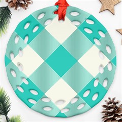 Blue Turquoise Diagonal Plaids Round Filigree Ornament (two Sides) by ConteMonfrey