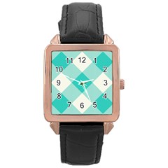 Blue Turquoise Diagonal Plaids Rose Gold Leather Watch  by ConteMonfrey