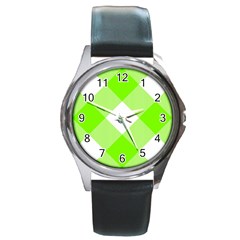 Neon Green And White Plaids Round Metal Watch by ConteMonfrey