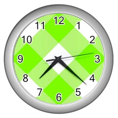 Neon Green And White Plaids Wall Clock (silver) by ConteMonfrey