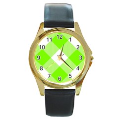 Neon Green And White Plaids Round Gold Metal Watch by ConteMonfrey