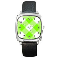 Neon Green And White Plaids Square Metal Watch by ConteMonfrey