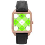 Neon green and white plaids Rose Gold Leather Watch  Front