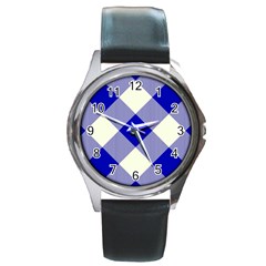 Blue And White Diagonal Plaids Round Metal Watch by ConteMonfrey