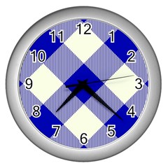 Blue And White Diagonal Plaids Wall Clock (silver) by ConteMonfrey