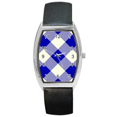 Blue And White Diagonal Plaids Barrel Style Metal Watch by ConteMonfrey