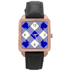 Blue And White Diagonal Plaids Rose Gold Leather Watch  by ConteMonfrey