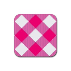 Pink And White Diagonal Plaids Rubber Coaster (square) by ConteMonfrey