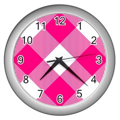 Pink And White Diagonal Plaids Wall Clock (silver) by ConteMonfrey