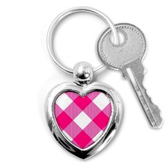 Pink And White Diagonal Plaids Key Chain (heart) by ConteMonfrey