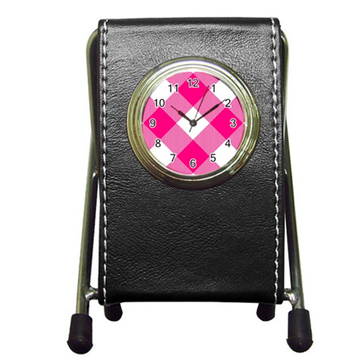 Pink and white diagonal plaids Pen Holder Desk Clock