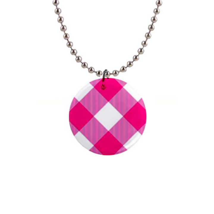 Pink and white diagonal plaids 1  Button Necklace