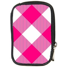 Pink And White Diagonal Plaids Compact Camera Leather Case by ConteMonfrey