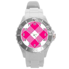 Pink And White Diagonal Plaids Round Plastic Sport Watch (l) by ConteMonfrey