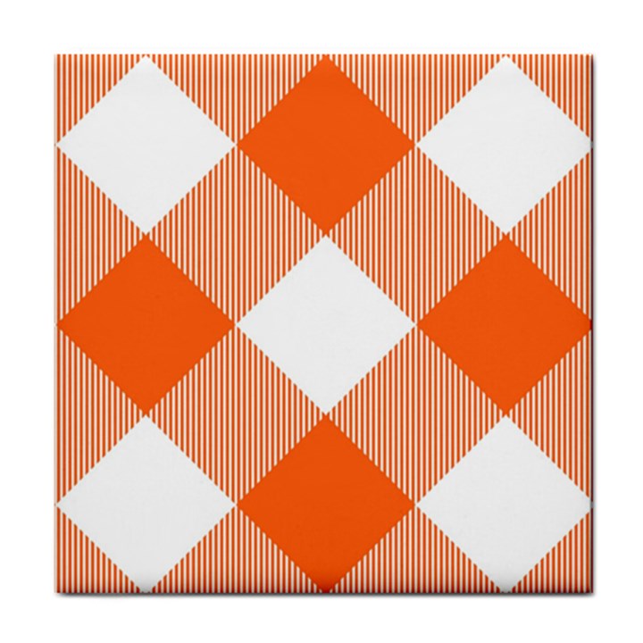 Orange and white diagonal plaids Tile Coaster