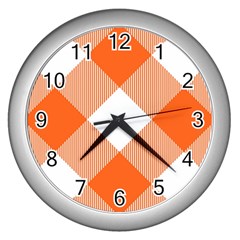 Orange and white diagonal plaids Wall Clock (Silver)