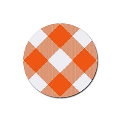 Orange and white diagonal plaids Rubber Coaster (Round)