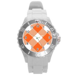 Orange And White Diagonal Plaids Round Plastic Sport Watch (l) by ConteMonfrey