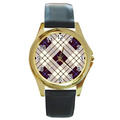 Blue, Purple And White Diagonal Plaids Round Gold Metal Watch by ConteMonfrey