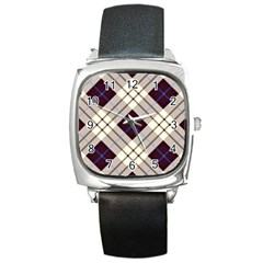 Blue, Purple And White Diagonal Plaids Square Metal Watch by ConteMonfrey