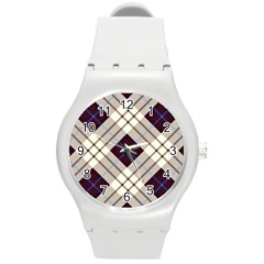 Blue, purple and white diagonal plaids Round Plastic Sport Watch (M)