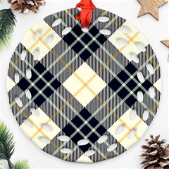 Black, Yellow And White Diagonal Plaids Round Filigree Ornament (two Sides) by ConteMonfrey