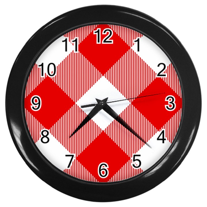 Red and white diagonal plaids Wall Clock (Black)