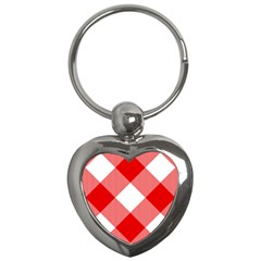 Red And White Diagonal Plaids Key Chain (heart) by ConteMonfrey