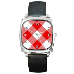 Red And White Diagonal Plaids Square Metal Watch by ConteMonfrey