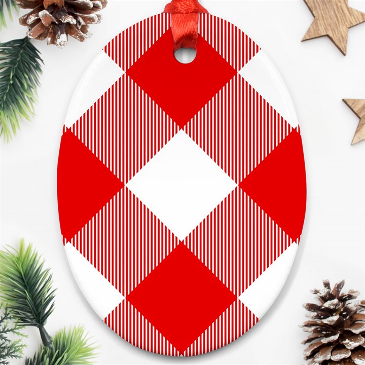 Red and white diagonal plaids Oval Ornament (Two Sides)